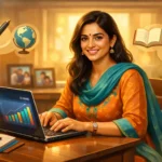 Generate a vibrant, realistic scene of a young Indian student freelancer at a simple desk in a small room, typing on laptop with Upwork/Fiverr screens visible (no real logos), portfolio sketches nearby, earning notifications popping up. Include motivational elements like rising graph icon and clock showing flexible hours. Soft natural daylight filtering through window, color palette of blues and greens for trust/productivity, matte textures on wooden desk, semi-realistic digital painting style. Mood: focused achievement. Composition: three-quarter view. No text. Aspect ratio: 16:9. For use in: illustrating freelance startup without degrees."