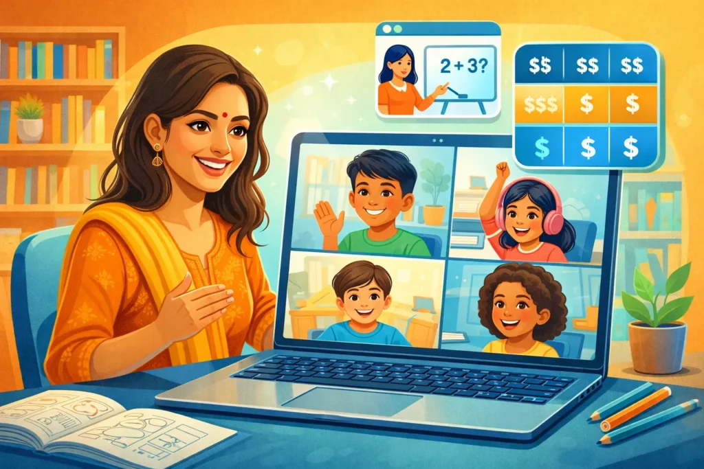 Online tutoring session with diverse students from home.