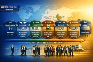 Startup fundraising stages roadmap from bootstrapping ($0) to Series A VC ($10-12M at $40M valuation) with amounts, equity dilution, runway timelines, and India VC statistics