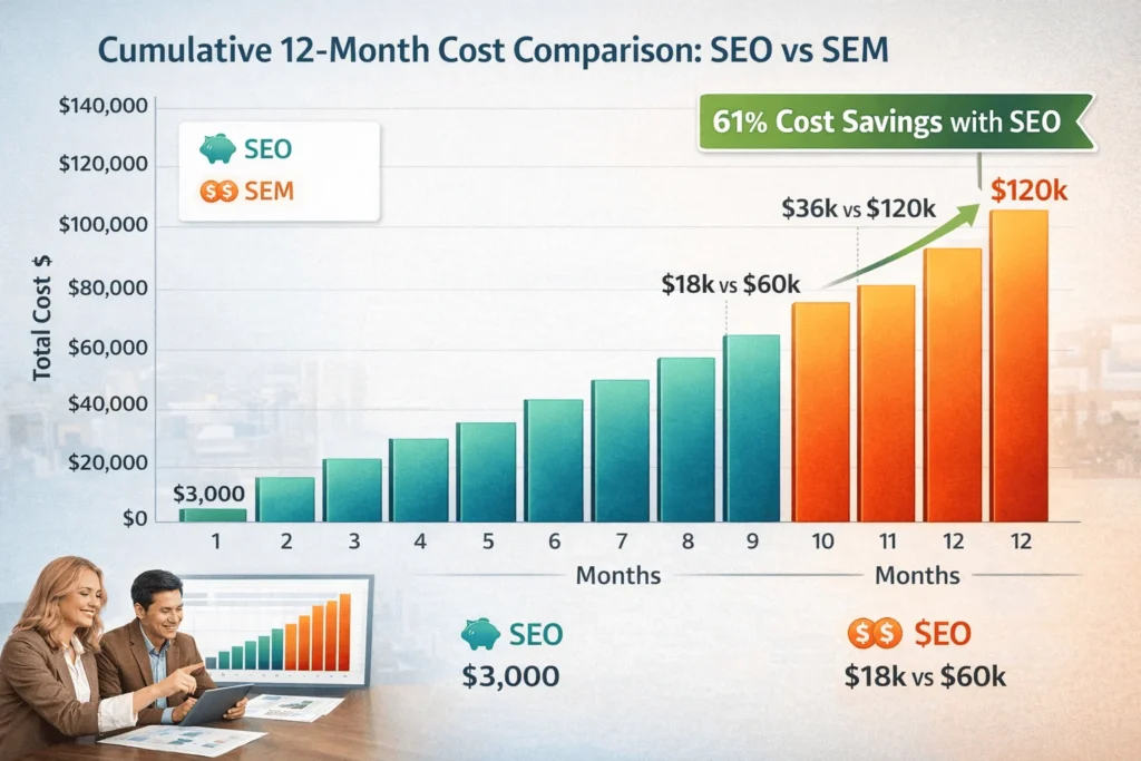 12-month cumulative cost comparison showing SEO totaling $36,000 annually versus SEM at $120,000, demonstrating 61% cost savings with SEO strategy