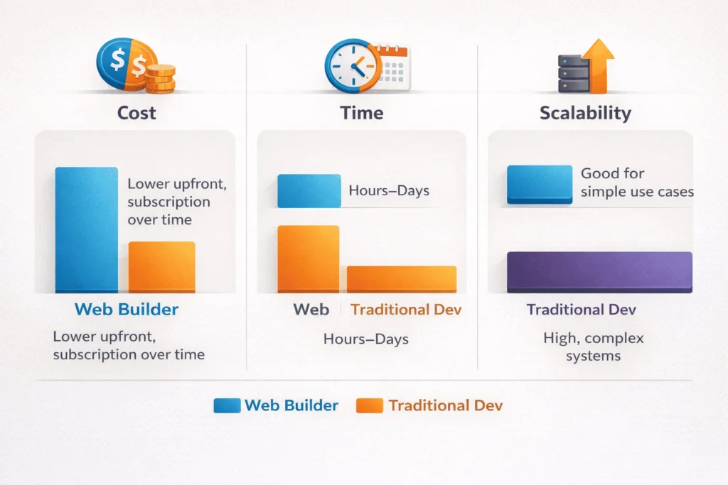 Infographic comparing web builders and traditional development with horizontal bars for cost, time-to-launch, and scalability