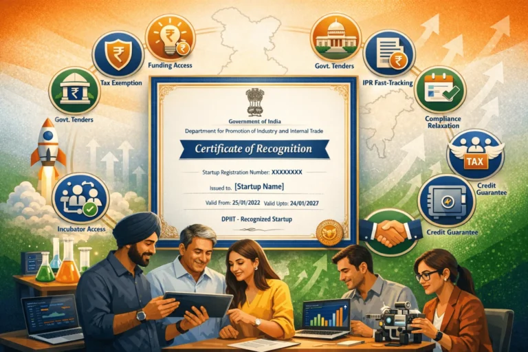 Official DPIIT Startup India recognition certificate surrounded by 17 benefits icons including tax exemption, funding access, government tenders, IPR fast-tracking for eligible Indian startups