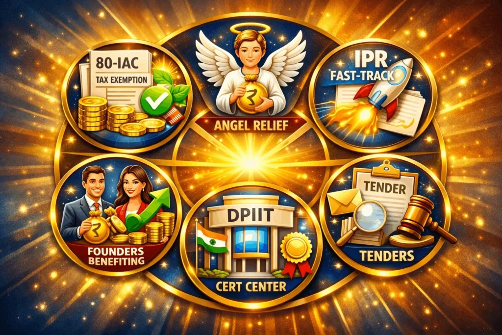 Wheel of DPIIT Recognition benefits like tax exemptions and IPR support