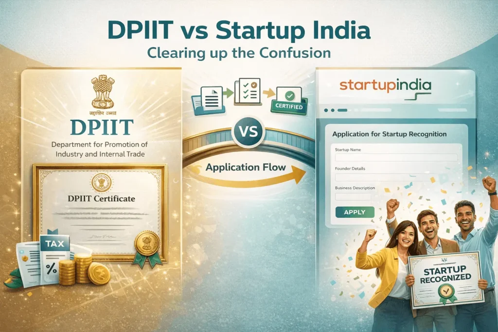 Split graphic comparing DPIIT Recognition certificate and Startup India portal