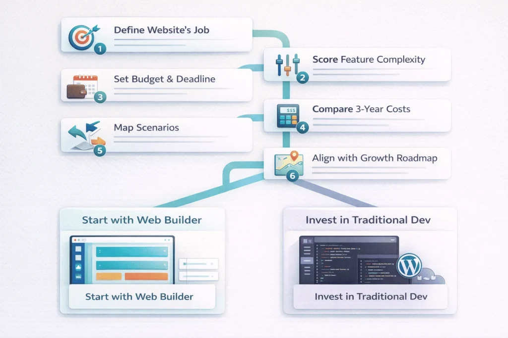 Decision-flow graphic showing six steps that lead to either choosing a web builder or traditional development based on goals, complexity, budget, and growth plans