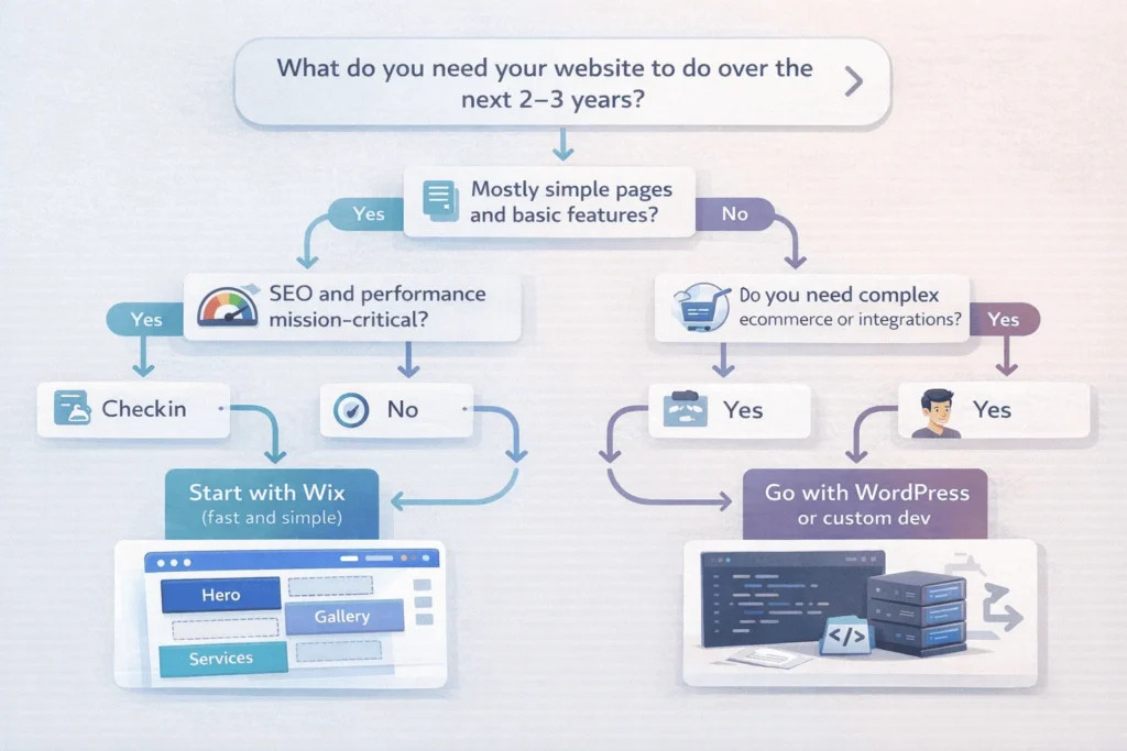 Decision-flow chart helping business owners choose between Wix for simple needs and WordPress or custom development for more complex, performance-critical websites