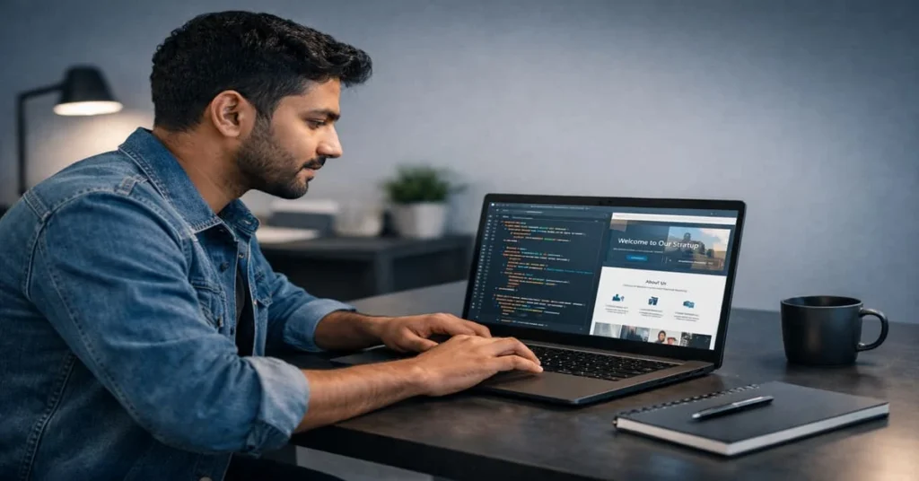 founder building website using AI coding assistant on laptop