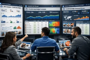 E-commerce marketer monitoring Facebook ads scaling dashboard from ₹1K to ₹1L daily budgets with ROAS performance metrics.