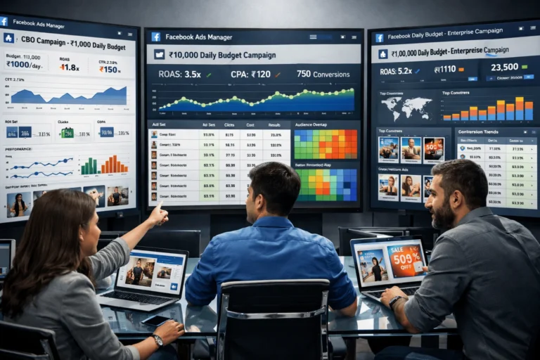 E-commerce marketer monitoring Facebook ads scaling dashboard from ₹1K to ₹1L daily budgets with ROAS performance metrics.