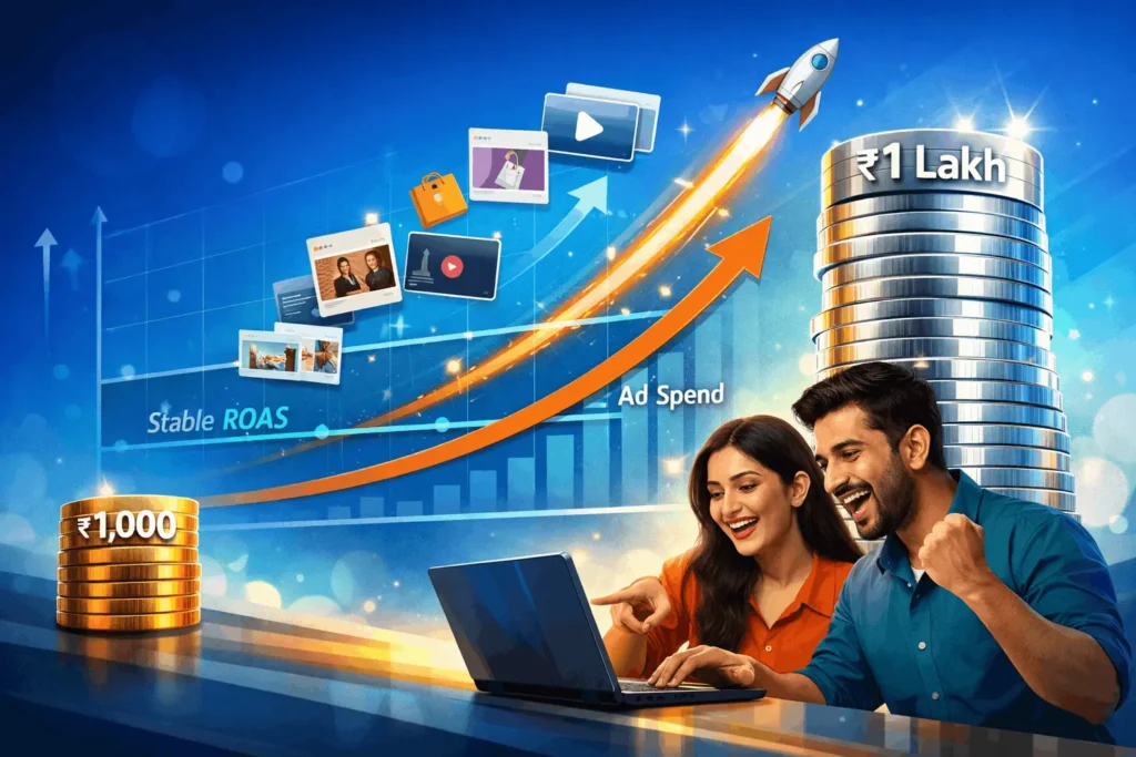 Rocket scaling Facebook Ads budget from ₹1K to ₹1L with stable ROAS graph