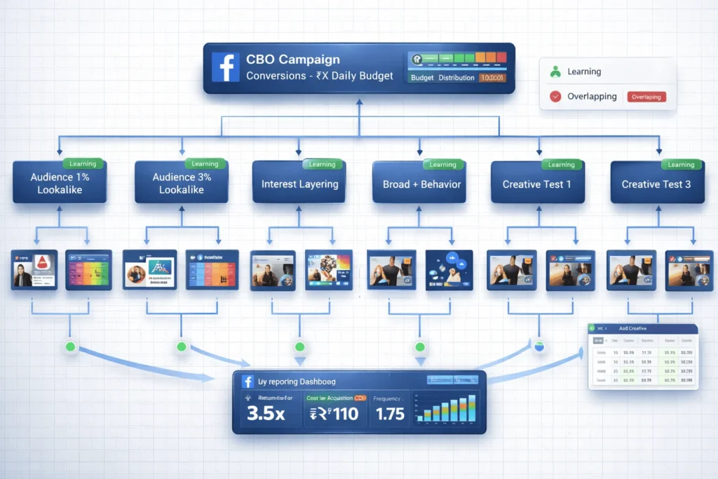 Detailed Facebook CBO campaign structure diagram showing ad sets, audiences, creatives, and performance reporting flow.