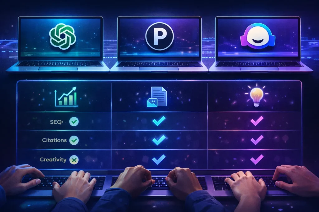 Feature comparison table graphic for AI content writing tools.
