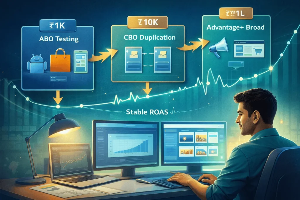 Flowchart of Facebook Ads scaling from ₹1,000 to ₹1 lakh daily budget