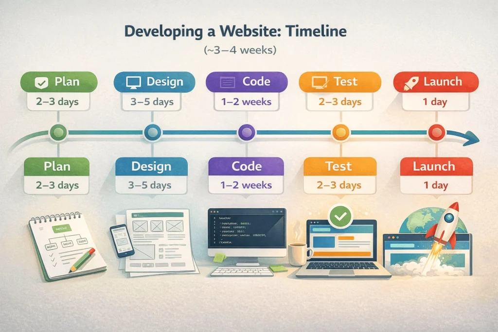 Horizontal timeline showing five phases of web development—Plan, Design, Code, Test, Launch—spanning approximately three to four weeks