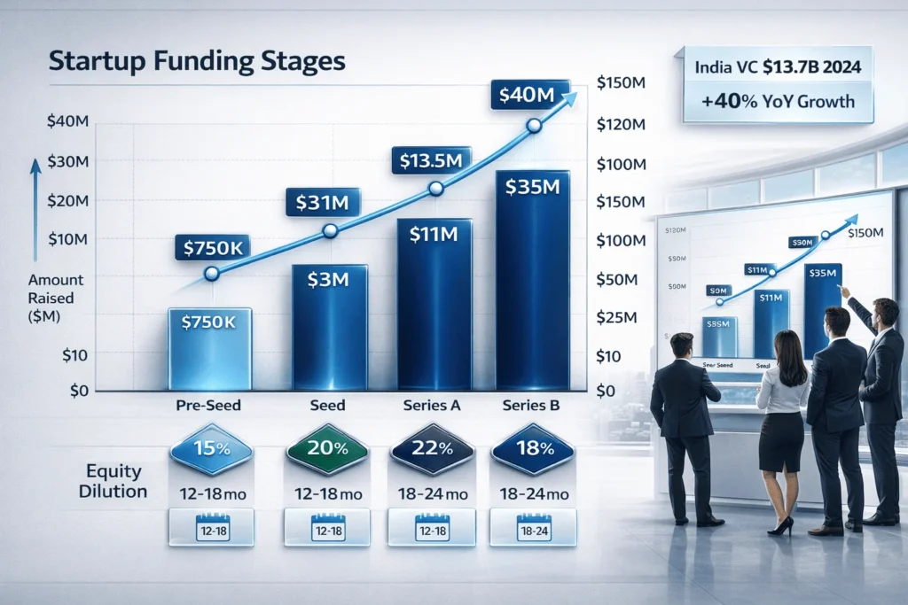 Startup funding comparison chart showing Pre-seed $500K-1M ($5-6M val), Seed $2-4M ($12-15M), Series A $10-12M ($40M) amounts vs valuations with equity and runway indicators
