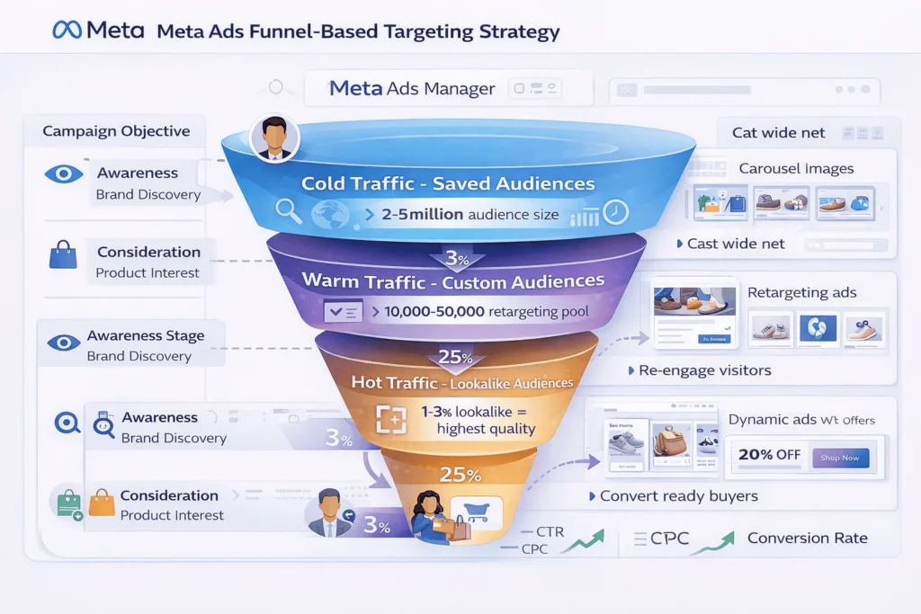 Meta Ads funnel-based targeting strategy showing three stages: Cold Traffic using Saved Audiences (2-5M size, awareness), Warm Traffic using Custom Audiences (10K-50K retargeting, consideration), Hot Traffic using Lookalike Audiences (1-3% similarity, decision)