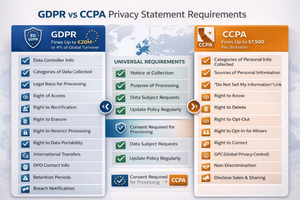 GDPR vs CCPA privacy statement requirements comparison checklist showing 12 mandatory elements each.