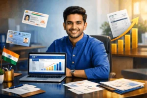 Young entrepreneur completing GST registration online with key documents