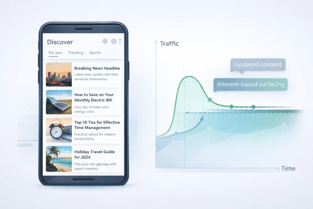 Smartphone showing a Google Discover-style feed of blog articles alongside a graph of evergreen blog traffic rising and stabilizing over time