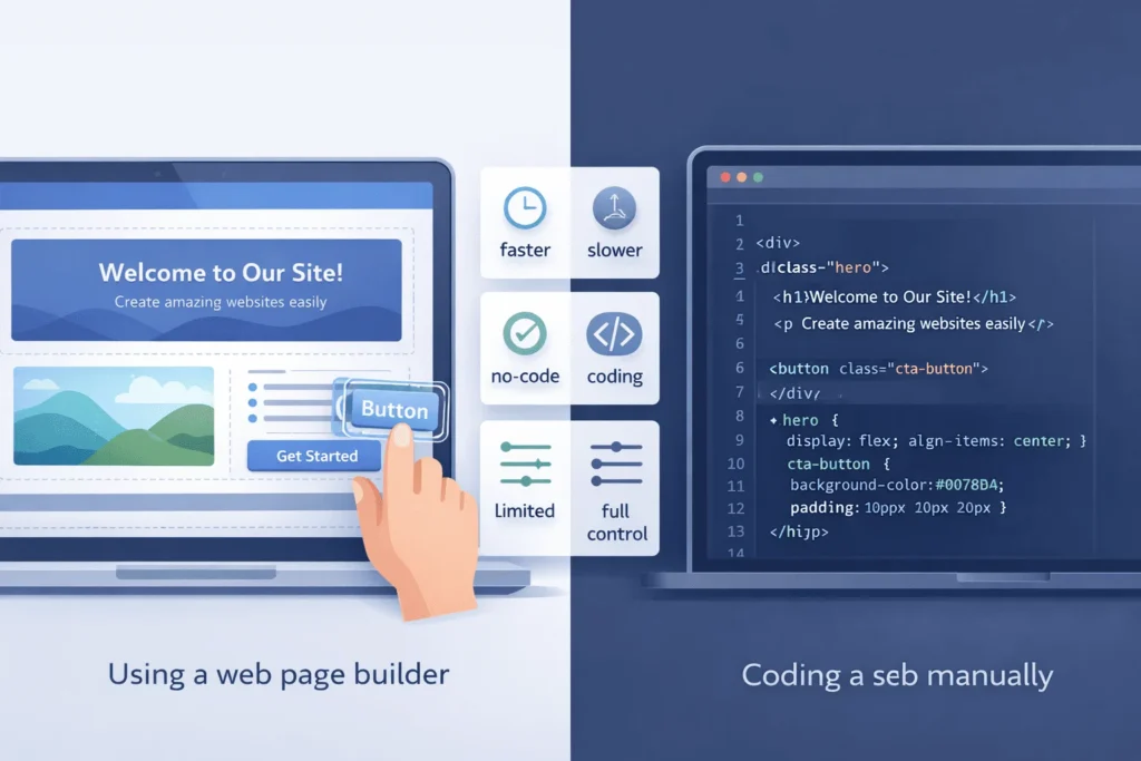 Side-by-side view of a drag-and-drop web page builder interface and a code editor containing HTML and CSS for a similar page