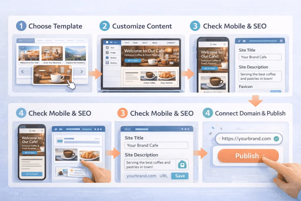 Four-frame storyboard showing the process of choosing a template, customizing content, checking mobile and SEO settings, and publishing a website with a website builder