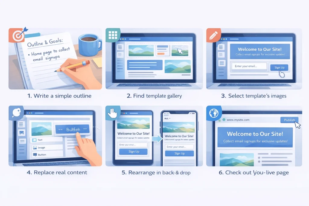 Six-panel storyboard showing goal setting, template selection, content editing, drag-and-drop rearranging, mobile preview, and publishing with a web page builder