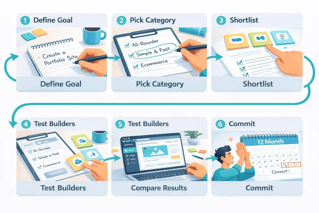 Six-panel storyboard showing defining a website goal, picking categories, shortlisting builders, prototyping pages, scoring options, and committing to one platform