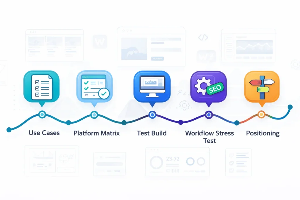 Five-step roadmap graphic showing how agencies can evaluate Wix Studio against Webflow and custom development