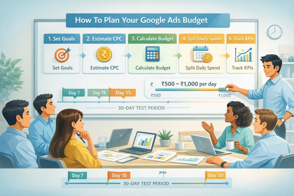 Six-step flow diagram showing goal setting, CPC estimation, budget calculation, daily spend planning, campaign allocation, and KPI tracking for Google Ads budget planning in India