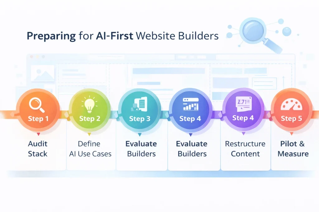 Roadmap graphic showing five steps to prepare for AI-first website builders, from auditing the current stack to piloting and measuring AI-built pages