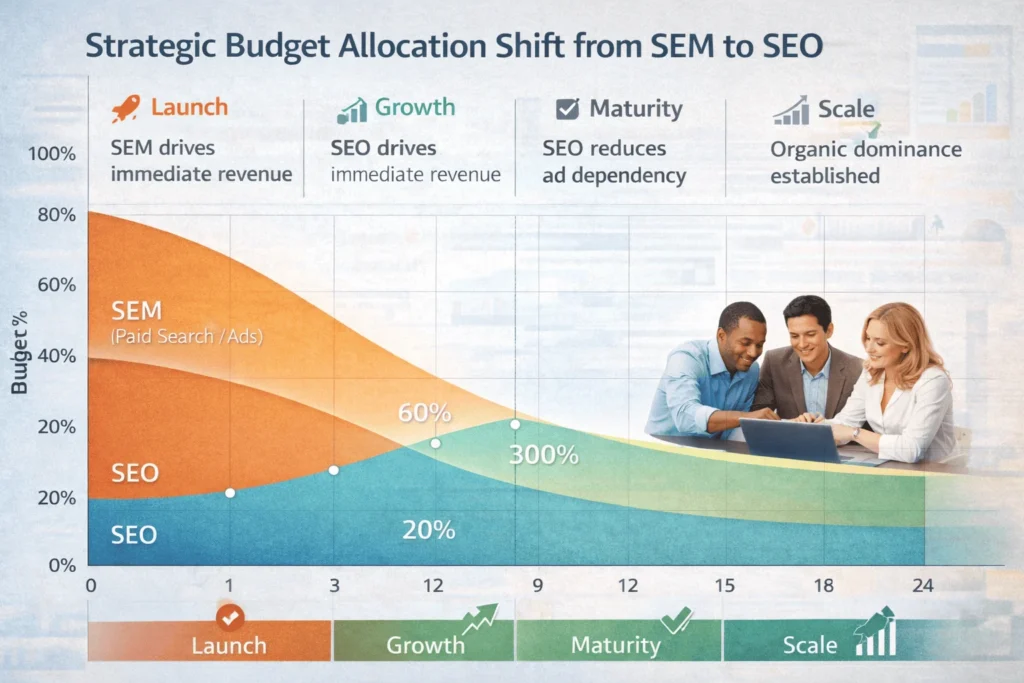 24-month hybrid strategy showing budget allocation shifting from 80% SEM / 20% SEO at launch to 20% SEM / 80% SEO at scale for optimal long-term ROI