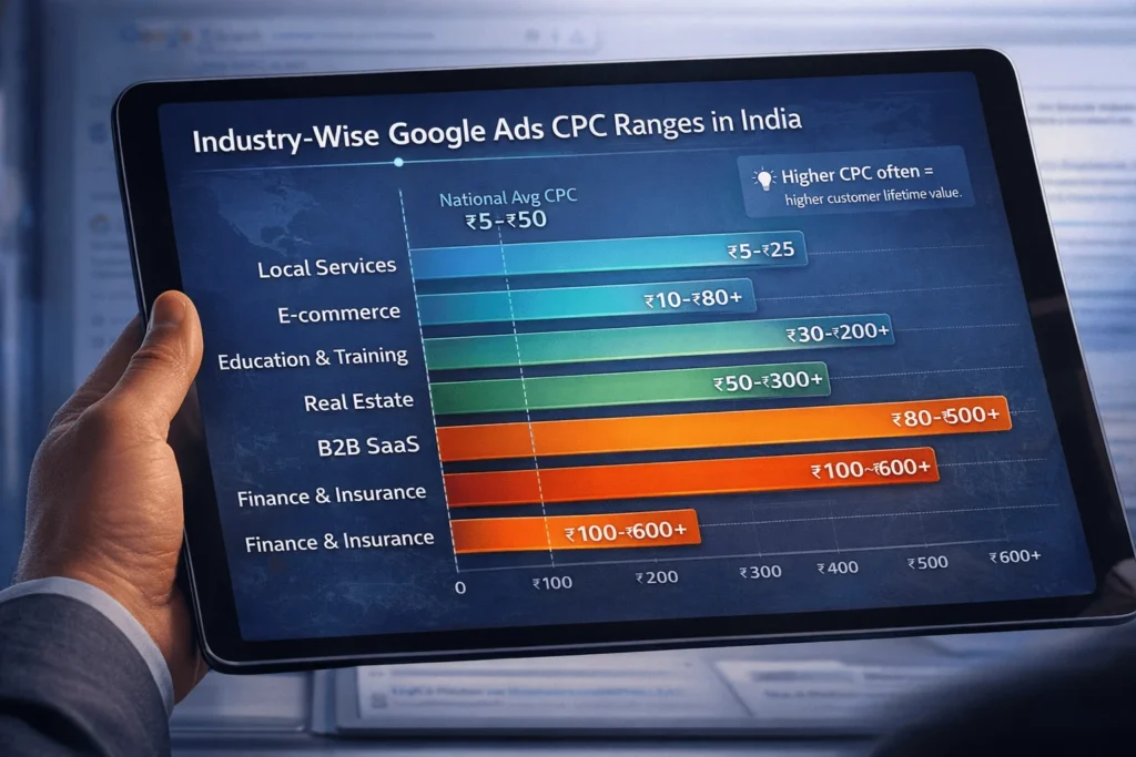 Bar chart comparing Google Ads CPC ranges in India across industries like e‑commerce, education, real estate, B2B SaaS, and finance in rupees