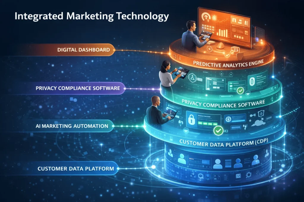 Five-layer integrated marketing technology stack showing CDP foundation, automation, compliance, analytics, and dashboard layers with data flows.