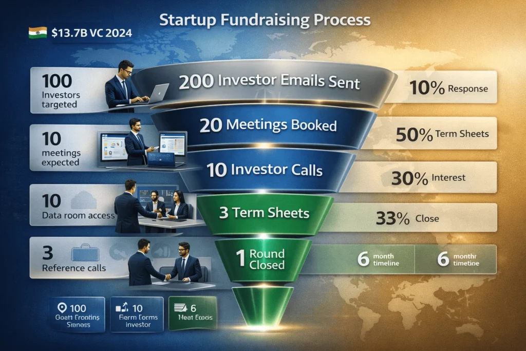 Startup fundraising funnel: 200 investor emails → 20 meetings → 10 calls → 3 term sheets → 1 closed round with 10% response rates and 6-month typical timeline