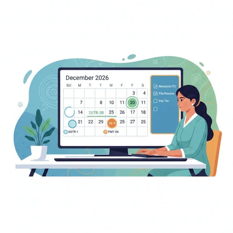 Indian small business owner viewing a digital GST compliance calendar with highlighted filing dates