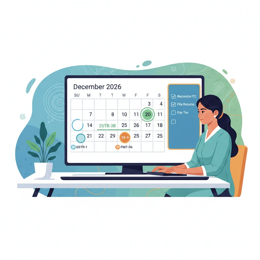 Indian small business owner viewing a digital GST compliance calendar with highlighted filing dates