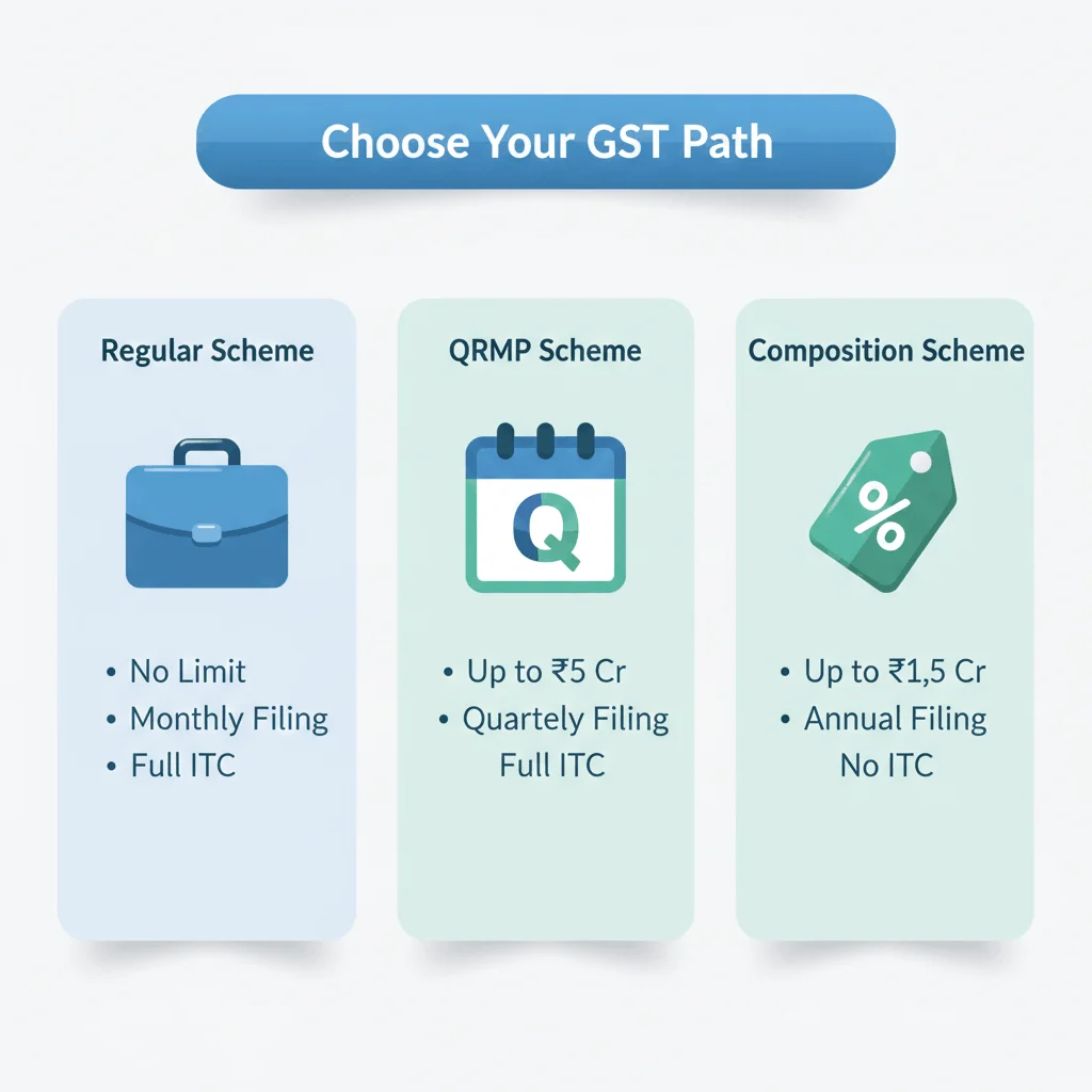Comparison infographic of regular, QRMP, and composition GST schemes with turnover limits and filing frequency