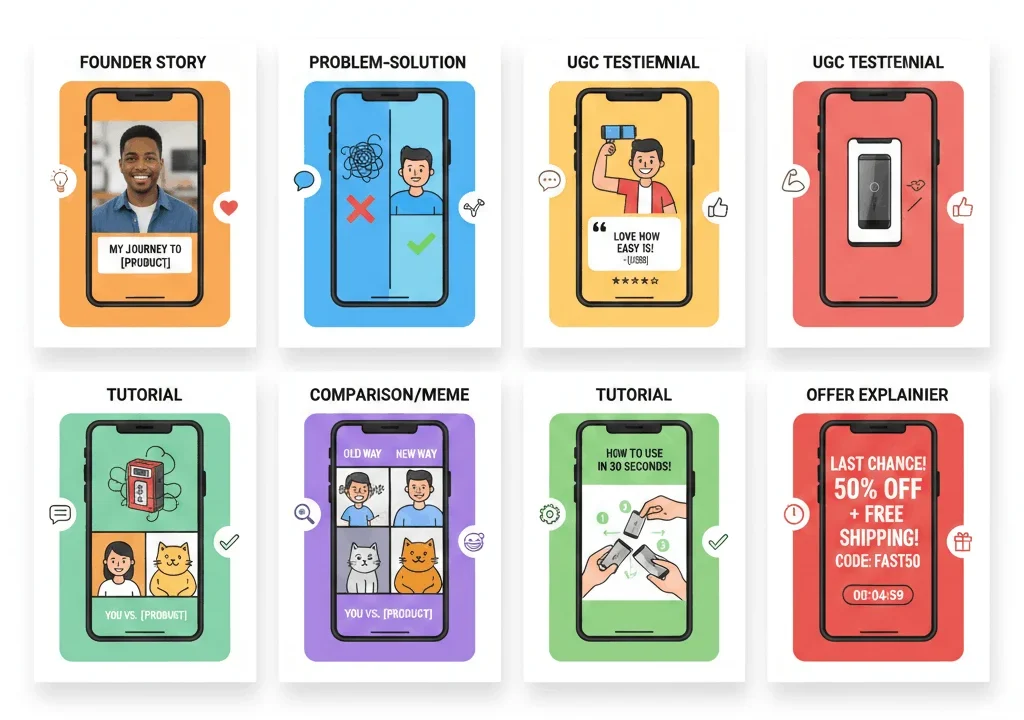 Grid of six Meta Ads creative archetypes shown as different ad styles on phone screens