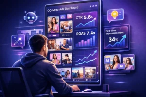 Performance marketer reviewing Meta Ads creative performance and AI-generated variations on a large dashboard