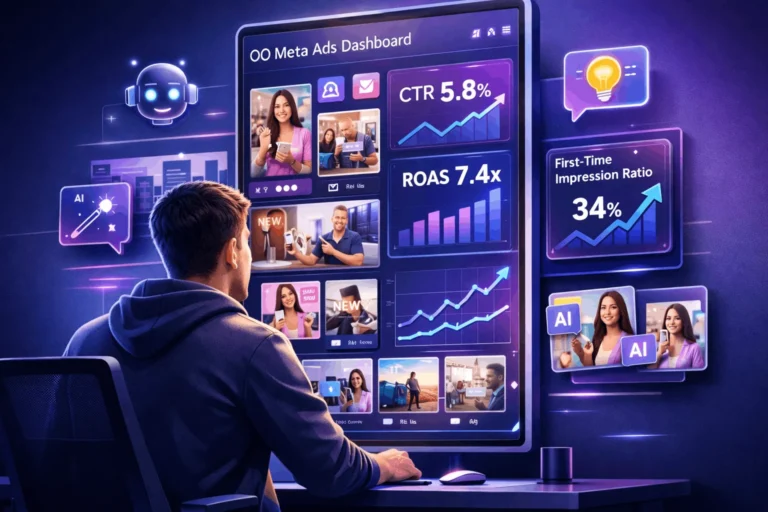 Performance marketer reviewing Meta Ads creative performance and AI-generated variations on a large dashboard