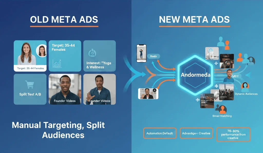 Infographic comparing old manual Meta Ads setups to new AI-driven creative portfolios