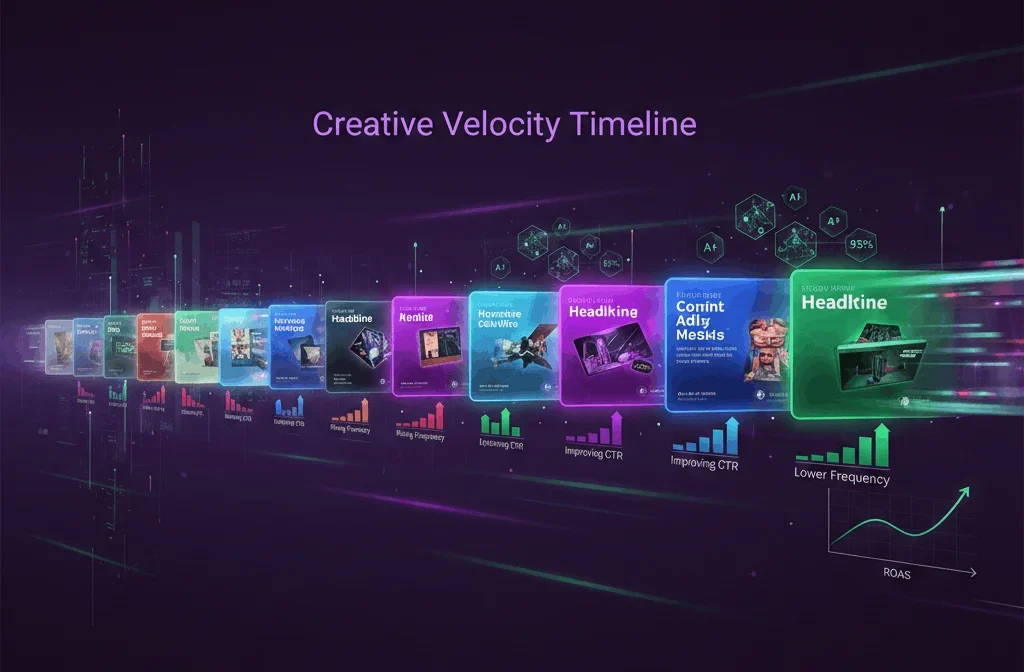 Timeline showing frequent launch and rotation of Meta ad creatives with AI assistance and improving ROAS