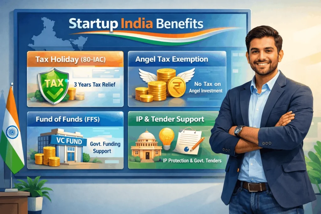 Indian startup founder reviewing a dashboard of Startup India tax, funding, and policy benefits