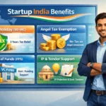 Indian startup founder reviewing a dashboard of Startup India tax, funding, and policy benefits