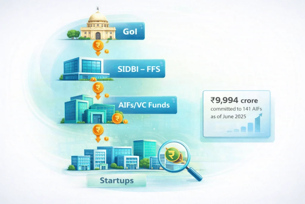 Flowchart-style visual of Startup India Fund of Funds capital moving from government to VC funds and then into startups