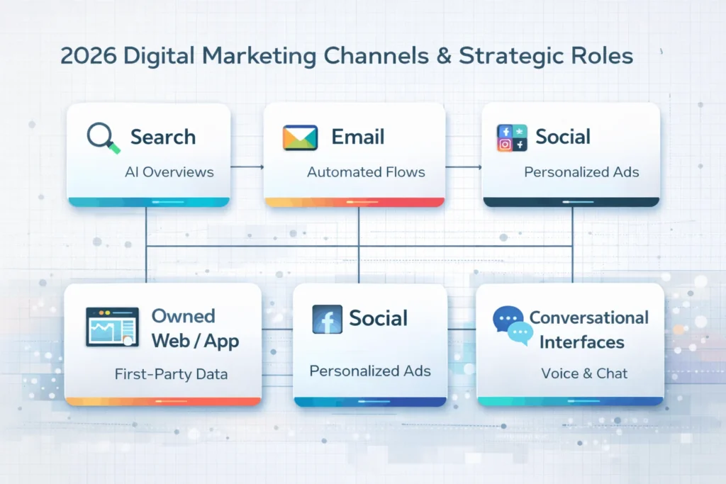 Visual table showing key digital marketing channels and their roles in 2026