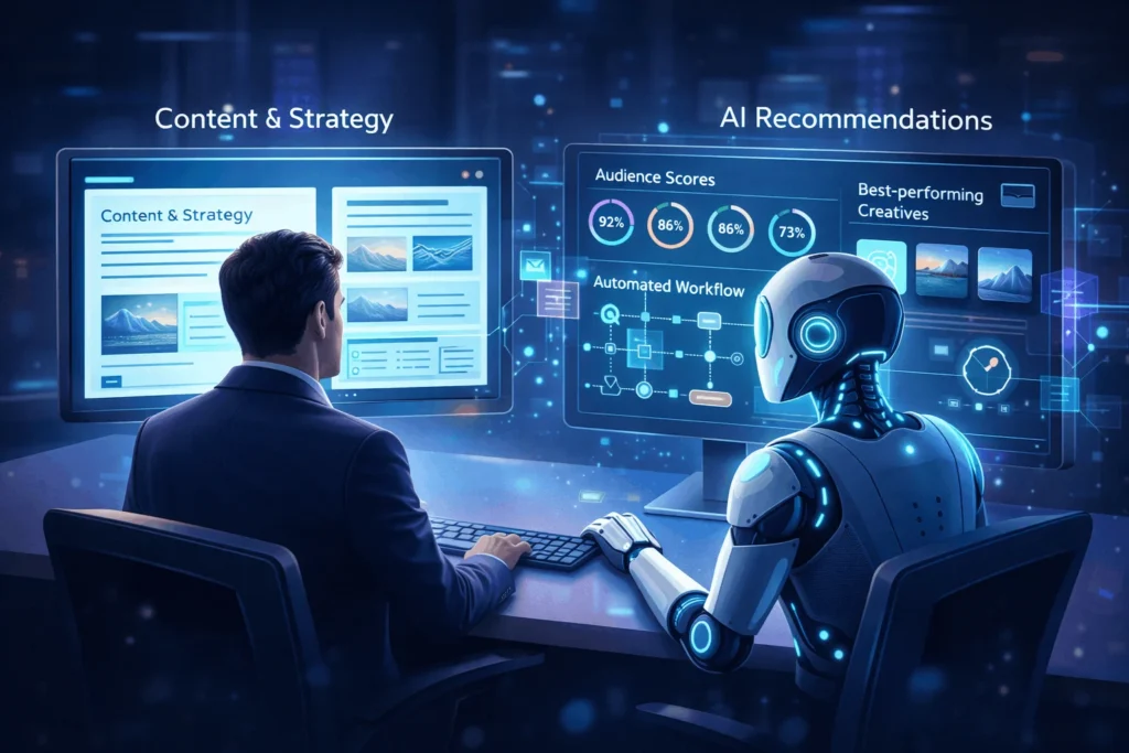 Marketer collaborating with an AI copilot that recommends audiences, creatives, and automated journeys