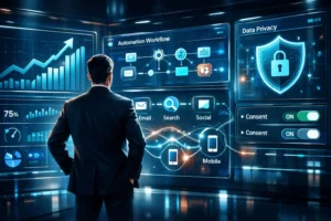 CMO monitoring AI-driven, privacy-first digital marketing dashboards in a futuristic control room