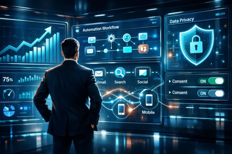 CMO monitoring AI-driven, privacy-first digital marketing dashboards in a futuristic control room