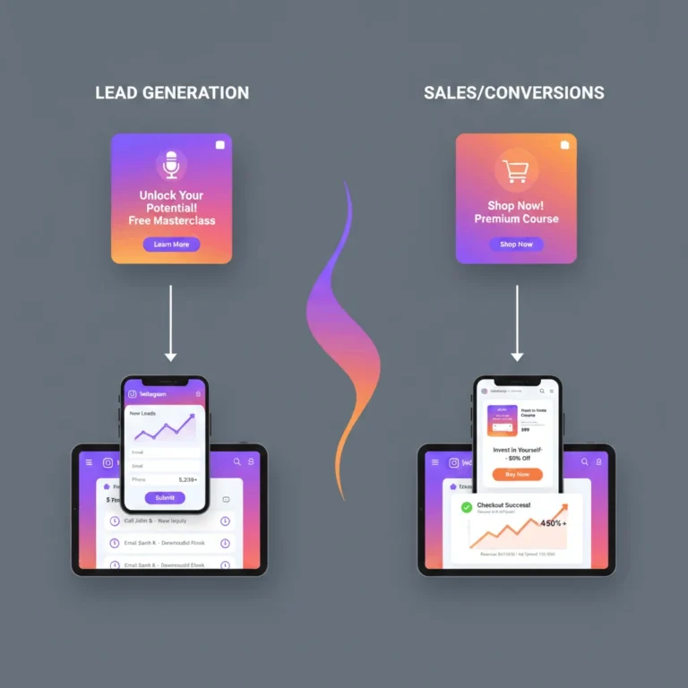 Split-screen visual comparing Instagram lead generation and sales funnels with metrics dashboards